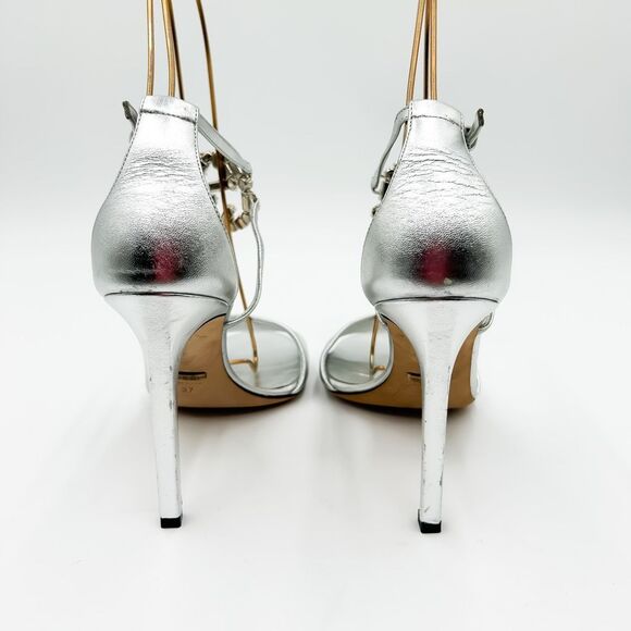 Gucci GG Crystal Metallic Silver Leather Sandals Heels EU 37 US 7 - Picture 4 of 14